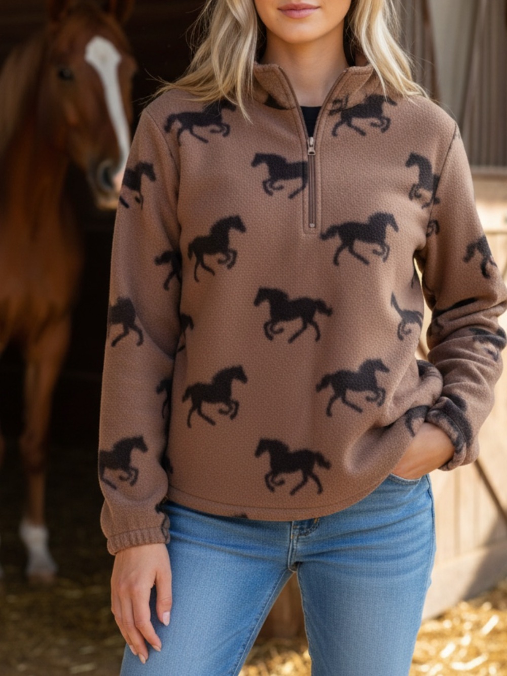 Equestrian Horse Print Fleece Jacket Zip Front Size Medium NWT
